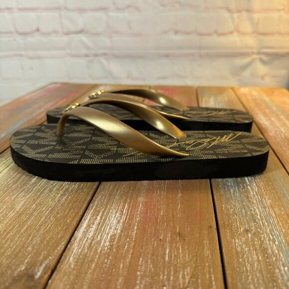 Women's Michael Kors Jet Set Signature Flip Flops Brown/Gold Logo Size 6 - Picture 6 of 12